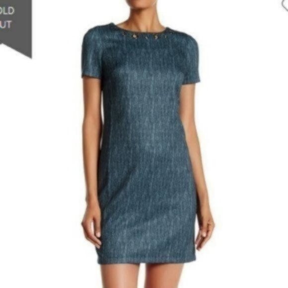 Maggy London | Navy Scuba Denim Shift short Sleeve Dress NWT - Picture 1 of 9